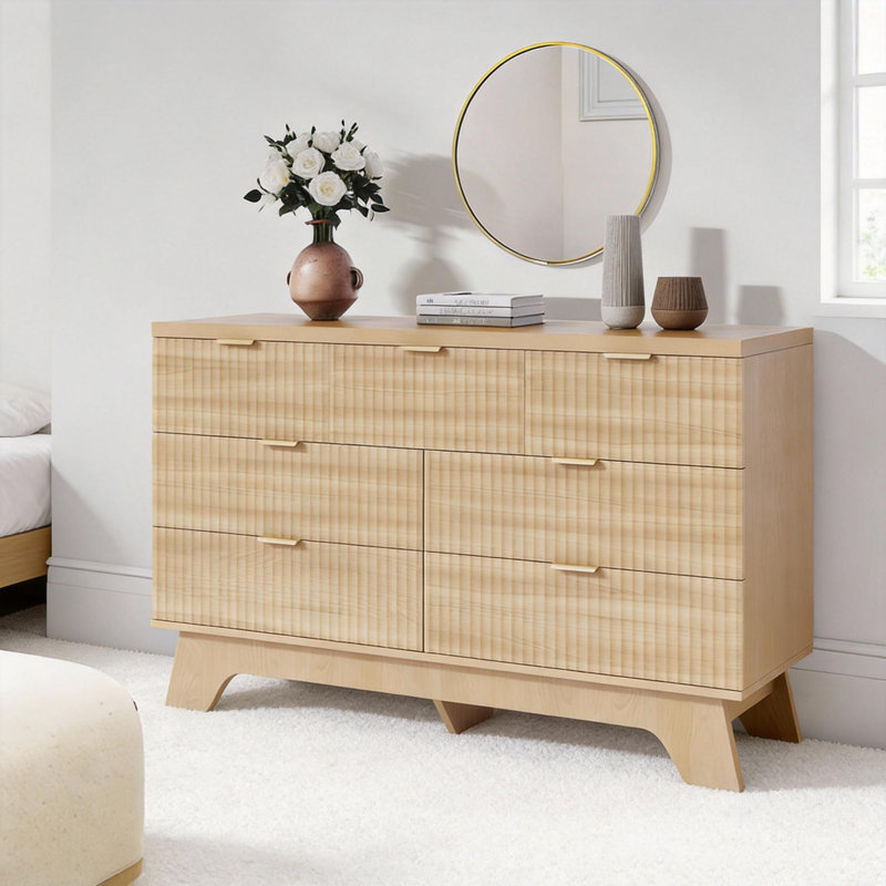 Commode cannelée pour chambre à coucher avec 7 tiroirs, commode moderne de 47 po de largeur avec poignée dorée, commodes de placard avec tiroirs pour le salon, le couloir, l'entrée, le chêne
