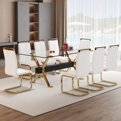 Ensemble de salle à manger élégant pour les intérieurs raffinés: table en verre trempé transparent de 71 po x 35,4 po, pieds en métal en forme de X, traverse en bois aggloméré texturé