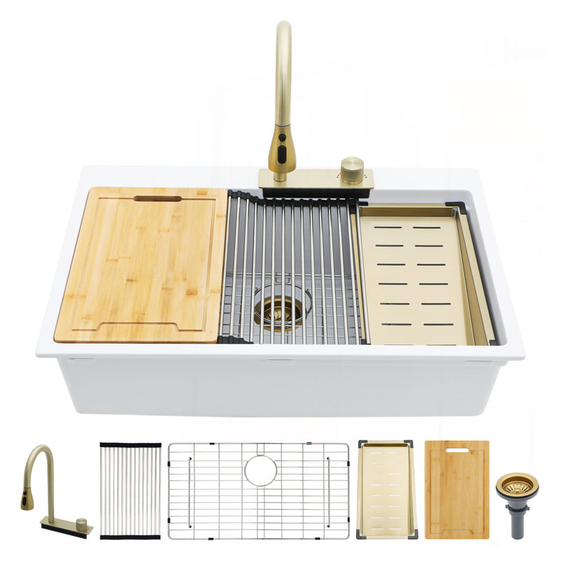 Drop In Waterfall Kitchen Sink - 33X22" White Composite Granite Quartz Single Bowl Workstation Kitchen Sink With Pull-Out Faucet