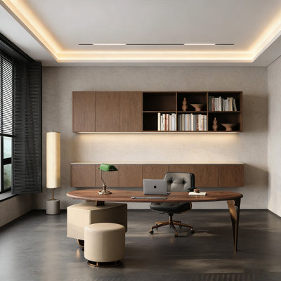 Bureau ovale de luxe italien italien, placage en noyer noir, pieds en bronze