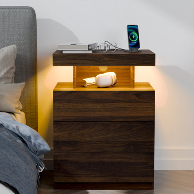 Chappa Manufactured Wood Nightstand with Wireless Charging Station, LED Lights and 3 Drawers
