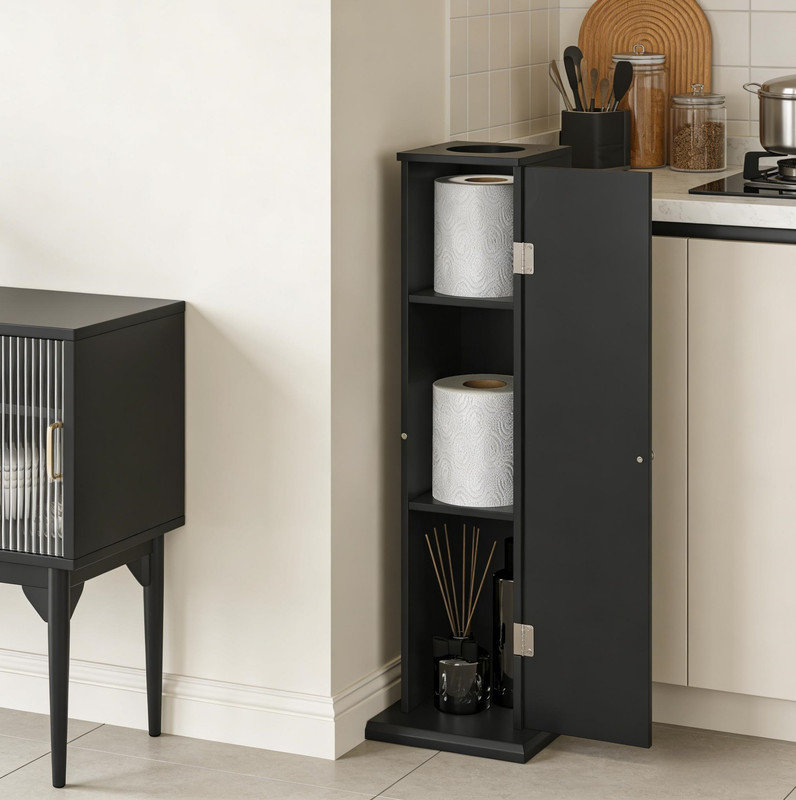 Petite armoire de rangement étroite, armoire de coin, petite armoire à papier hygiénique, noir, Noir mat