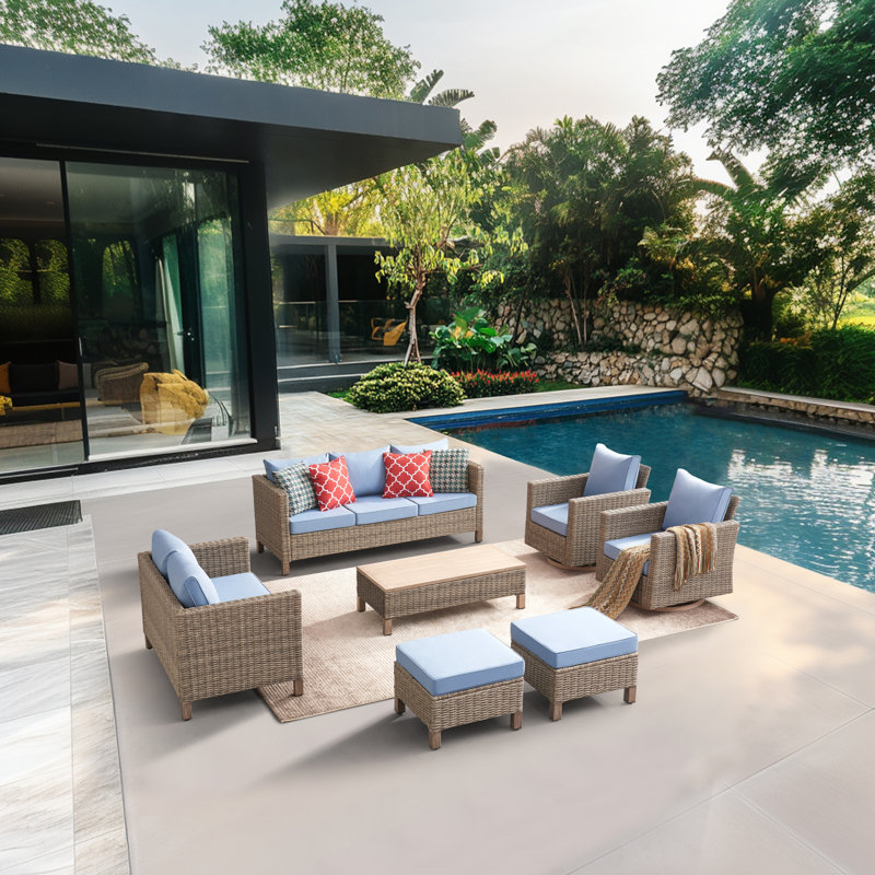 7 - Piece Outdoor Wicker Patio Conversation Furniture Set With Swivel Chairs, Blue
