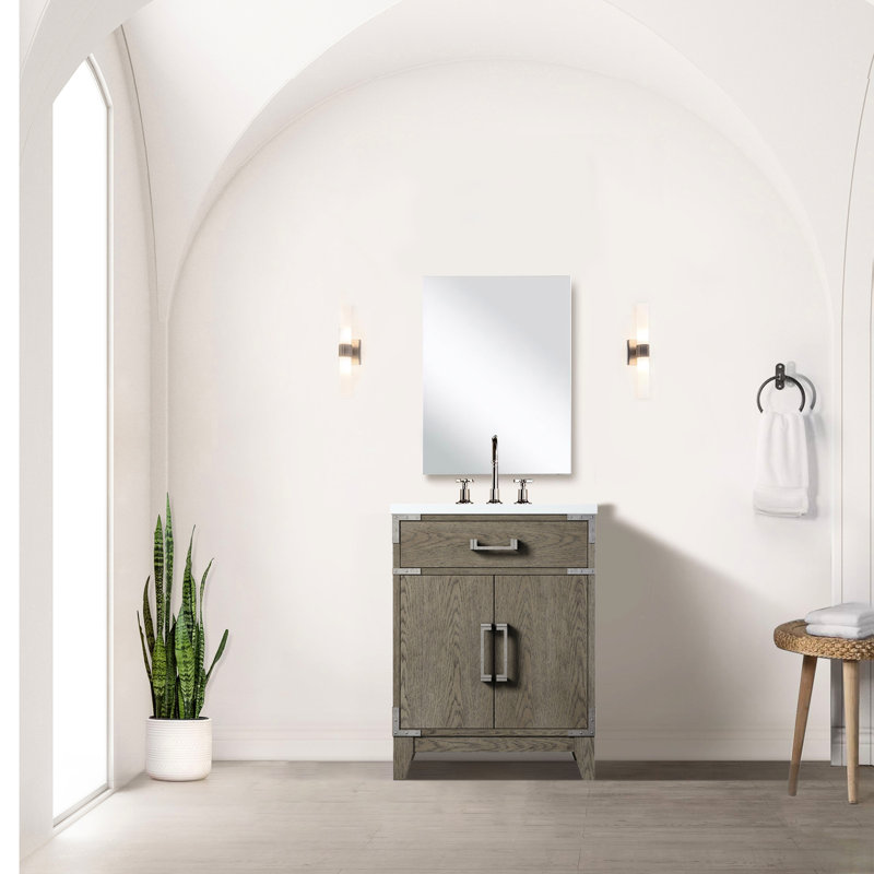 Meuble-lavabo en chêne gris 24 po x 18 po, comptoir en acrylique et miroir de 18 po à fermeture en douceur, riche espace de rangement intérieur 24 po 18 avec plateau