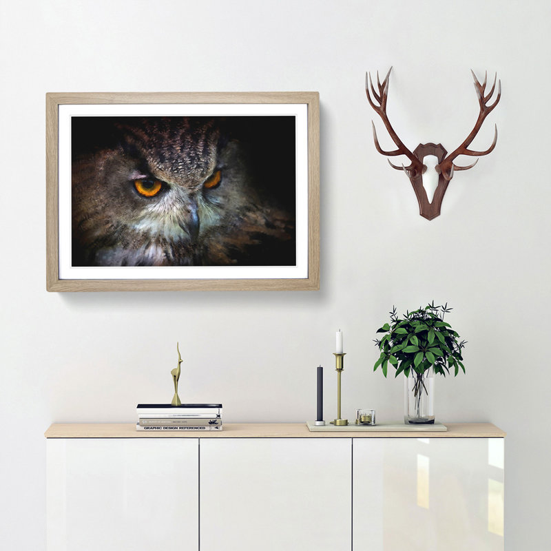 A Great Horned Owl - Picture Frame Painting Print, 24cm H x 33cm W x 2cm D, Oak