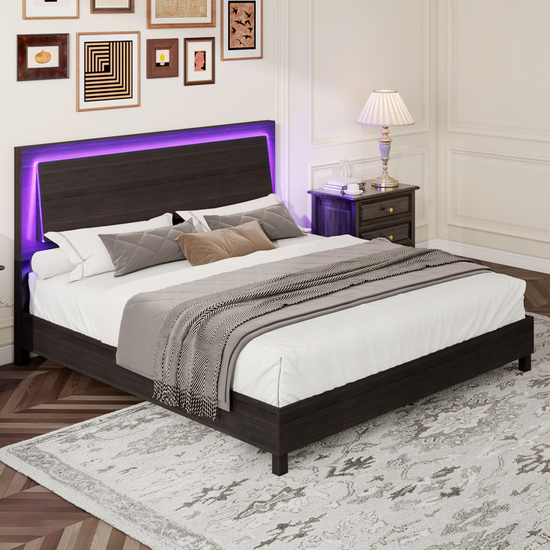 Carnbrock 47" Headboard Full Platform Bed with LED Lights, Black, Black, Full