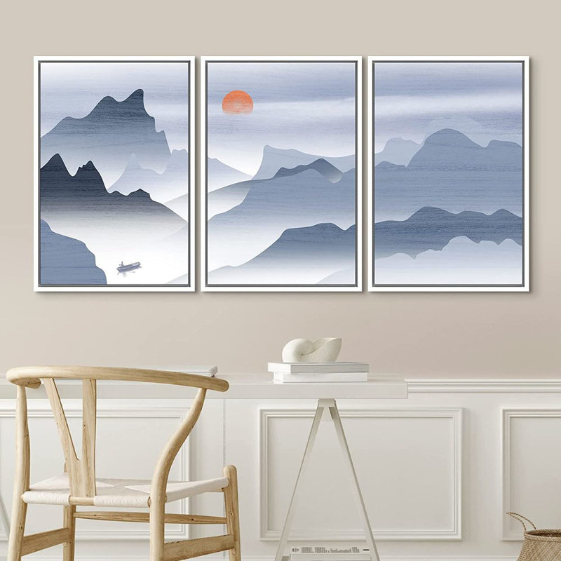 «Abstract Landscape Mountain Range», peinture sur toile flottante 3 pièces, H 24 po x l 48 po, Cadre blanc