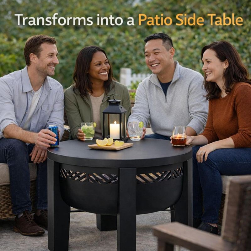 Wood Burning Fire Pit With Tabletop Lid – Modern Outdoor Metal Fire Pit Bowl For Patio & Backyard, Premium Heavy Duty Design With Multi-use Side Table, Decorative Outdoor Furniture
