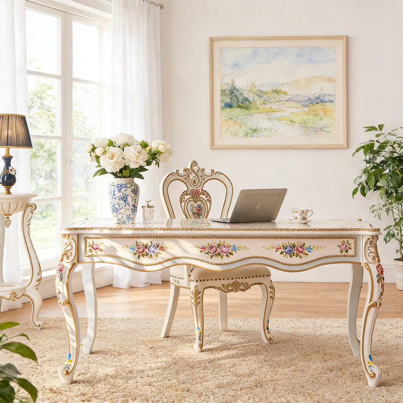 Bureau artistique en bois massif peint à la main