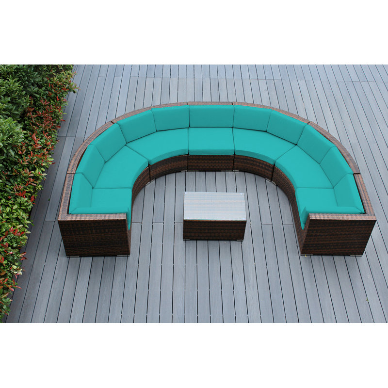 Ensemble de conversation incurvé pour 7 personnes avec coussins Popham Wicker, Supercrylic turquoise, Mélange de bruns