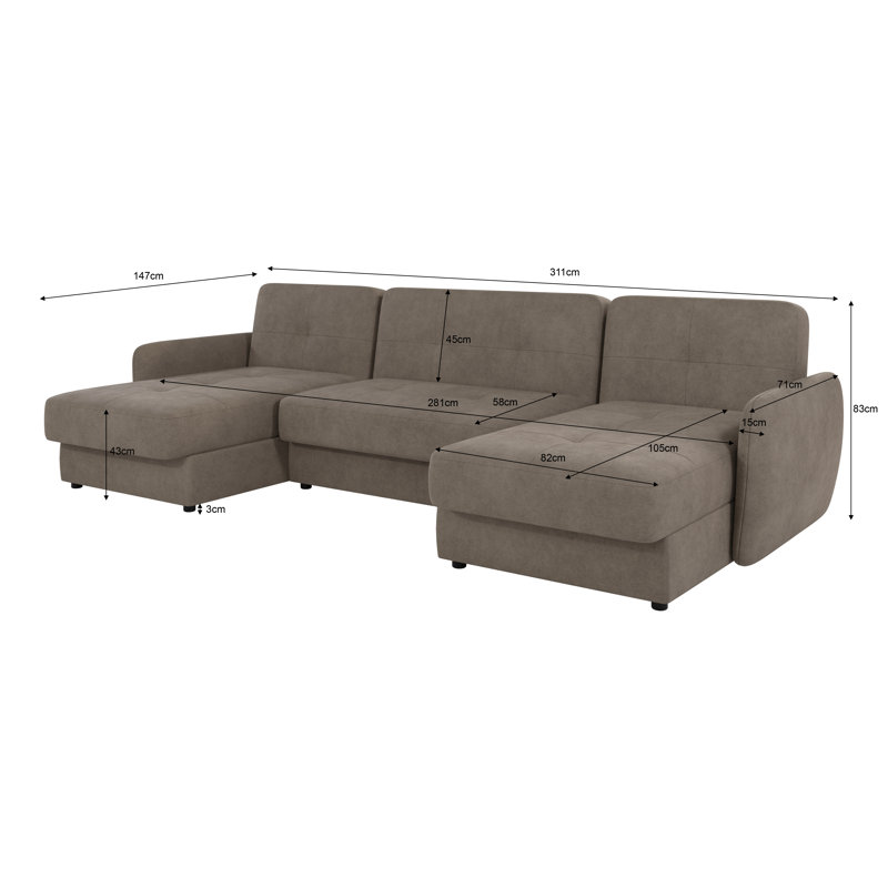 Modern U-Shape  Corner Sofa with Sleeping Function And Storage, Dark Beige