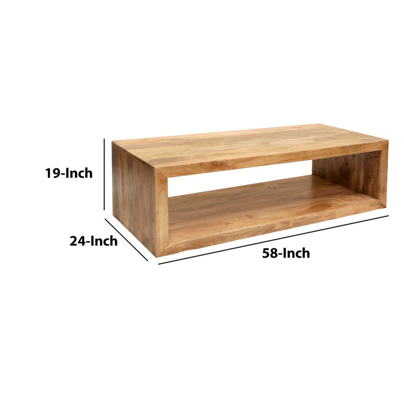Keli Walpole 58 Inch Cube Shaped Wooden Coffee Table with Open Bottom Shelf, Natural Brown
