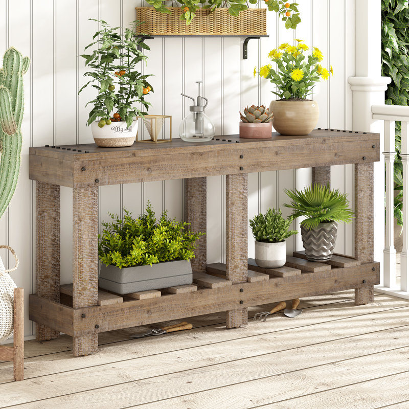 62.9" Vintage Entryway Table - Fir Solid Wood With Natural Grain, 6 Reinforced Legs & 4.5" Thick Desktop, Metal Rivet Decor & Plank Under-shelf For Hallway, Living Room