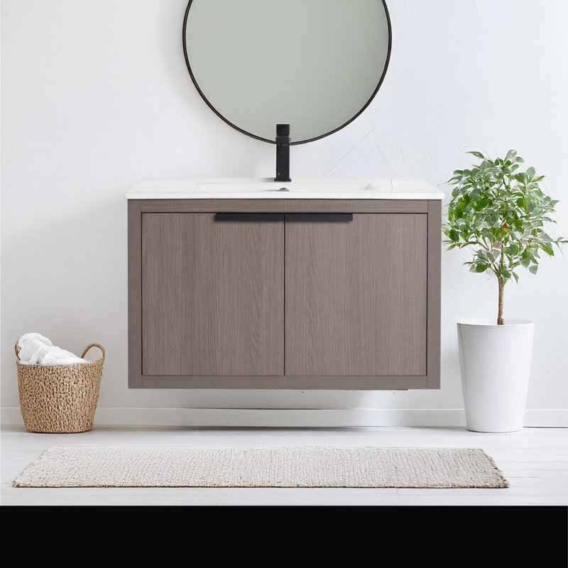 Meuble-lavabo Toddington de 24 po de largeur avec portes - lavabo inclus, Chêne gris