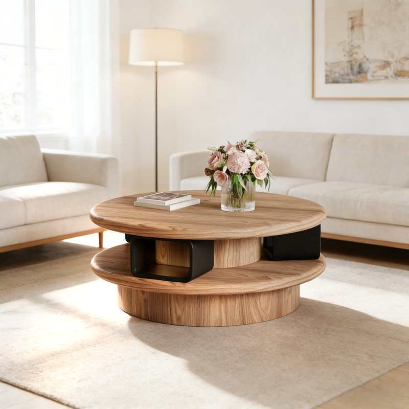 Table basse ronde moderne de 35 po avec rangement, centre de table en grain de bois pour le salon
