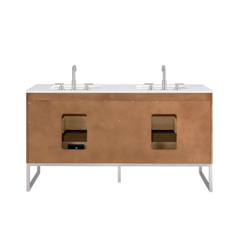 Markham 60'' W Double Vanity, Walnut, White Quartz, Brushed Nickel
