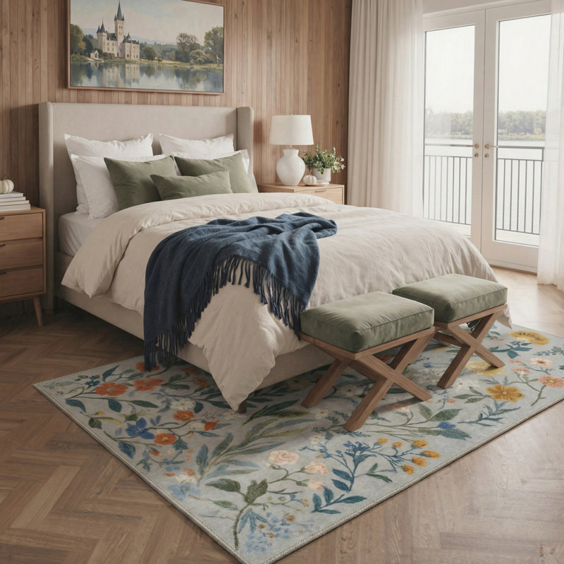 Eden Floral Blue Machine Washable Indoor Area Rug With Non-Slip Backing, Rectangle 5' x 7', Gray/Blue/Orange