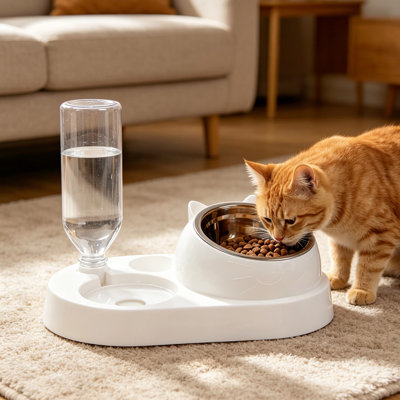 Pet Bowl Drinking Water Dispenser Dog Double Bowl Automatic Feeder Drinking Station, White