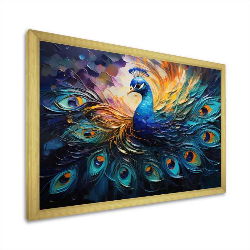 Plume de paon II - Art mural paon, H 16 po x l 32 po x P 1 po, Cadre doré simple