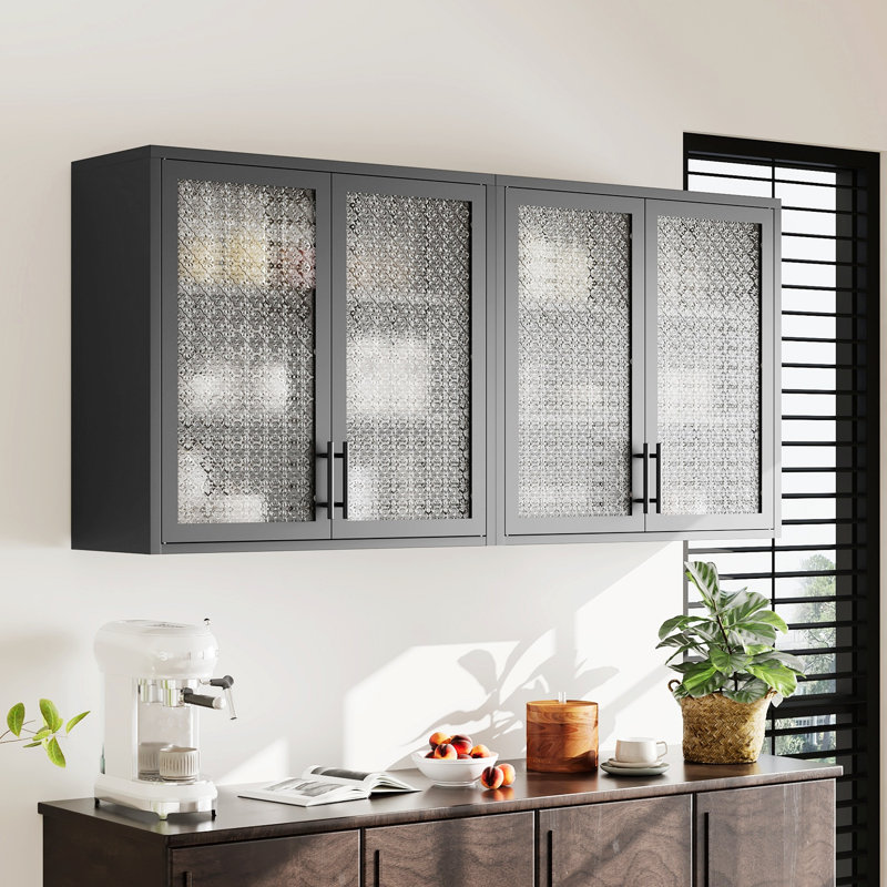 Armoire murale de style rétro, armoire de rangement avec portes en verre et 2 tablettes réglables, Noir