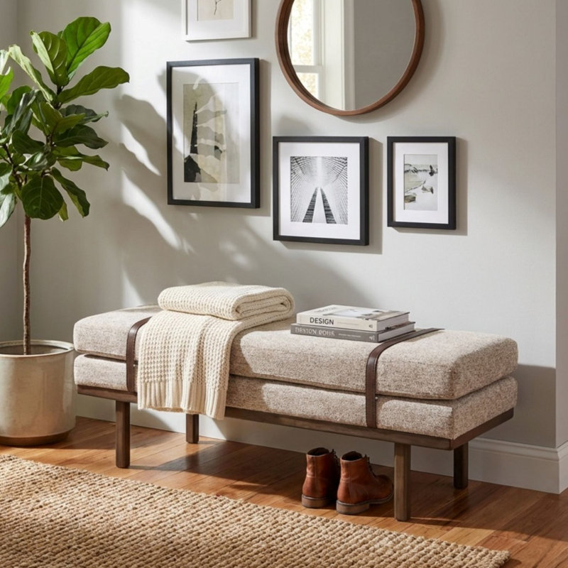Azayvion Upholstered Bench with Wood Base, Midtone Gray Woven