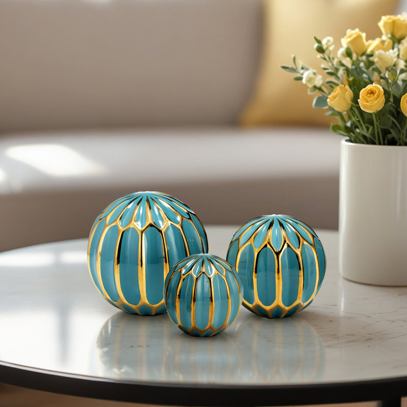 Decorative Objects for Home Decor – Glossy Ceramic Orbs Sculpture and Statues for Shelf Styling, Kitchen Decor, or Modern Decorations for Living Room – Set of 3