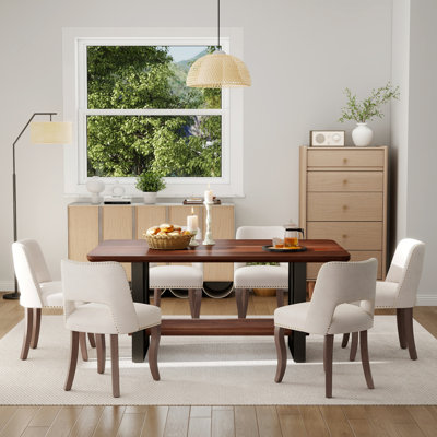 Table compacte en noyer et noir avec 4/6 chaises en tissu, style compact pour la cuisine / salle à manger