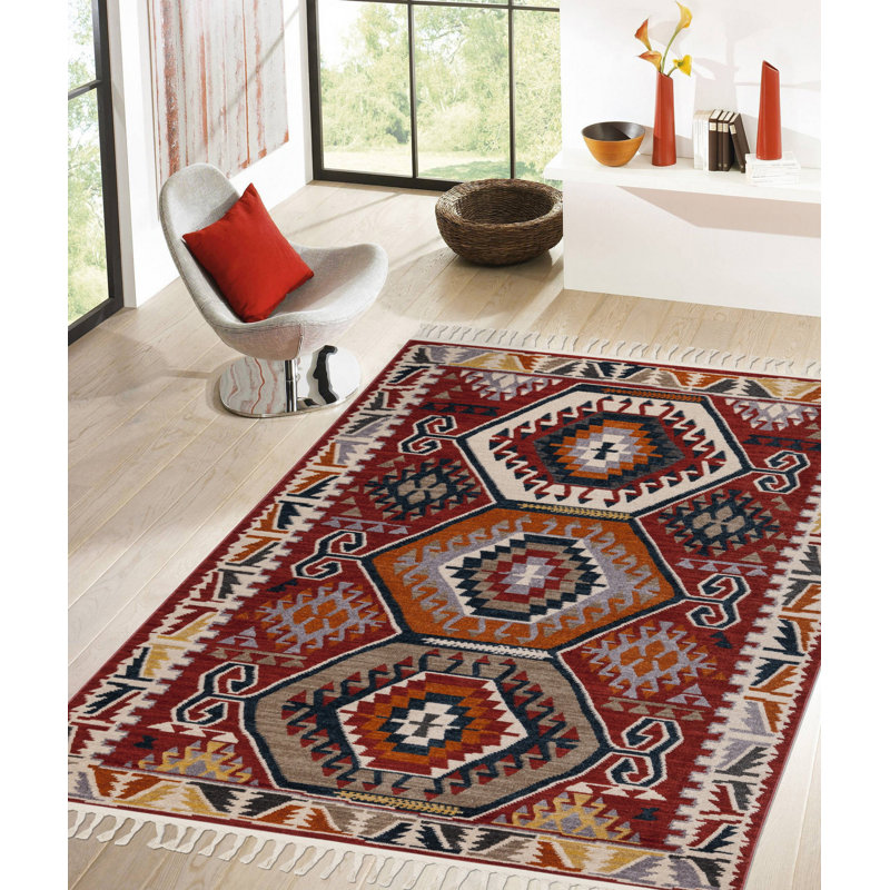 Tapis rouge en coton noué à la main Auren, Rectangle 6 pi 7 po x 9 pi 6 po