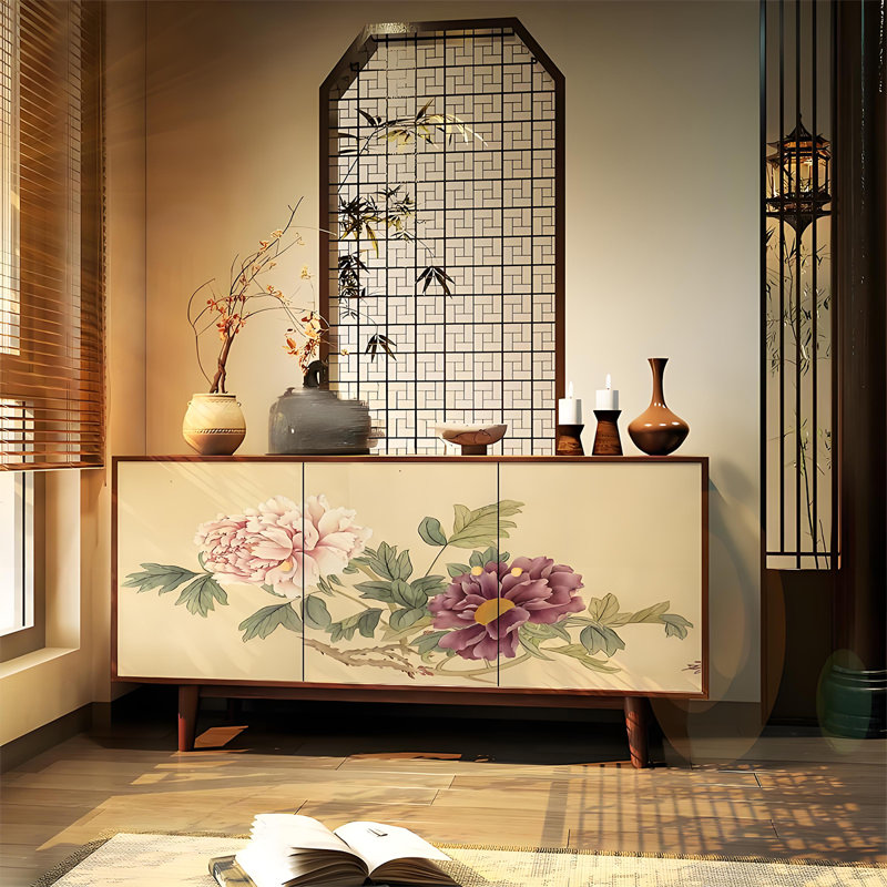 Buffet classique en bois massif à motif de pivoines, Noyer