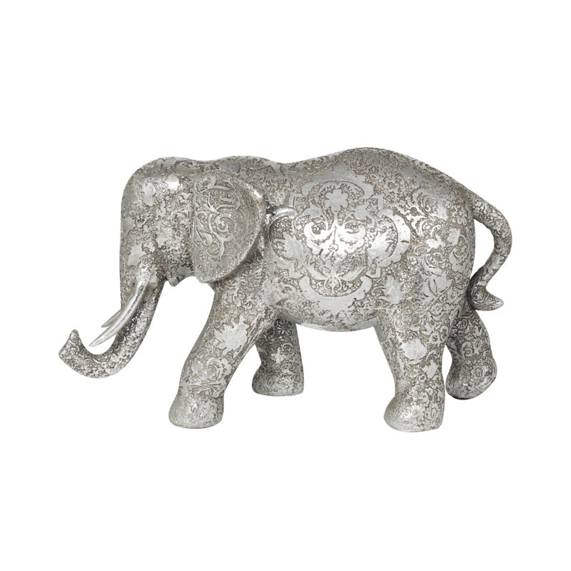 Dierking Polystone Engraved Floral Elephant Decorative Silver Sculpture