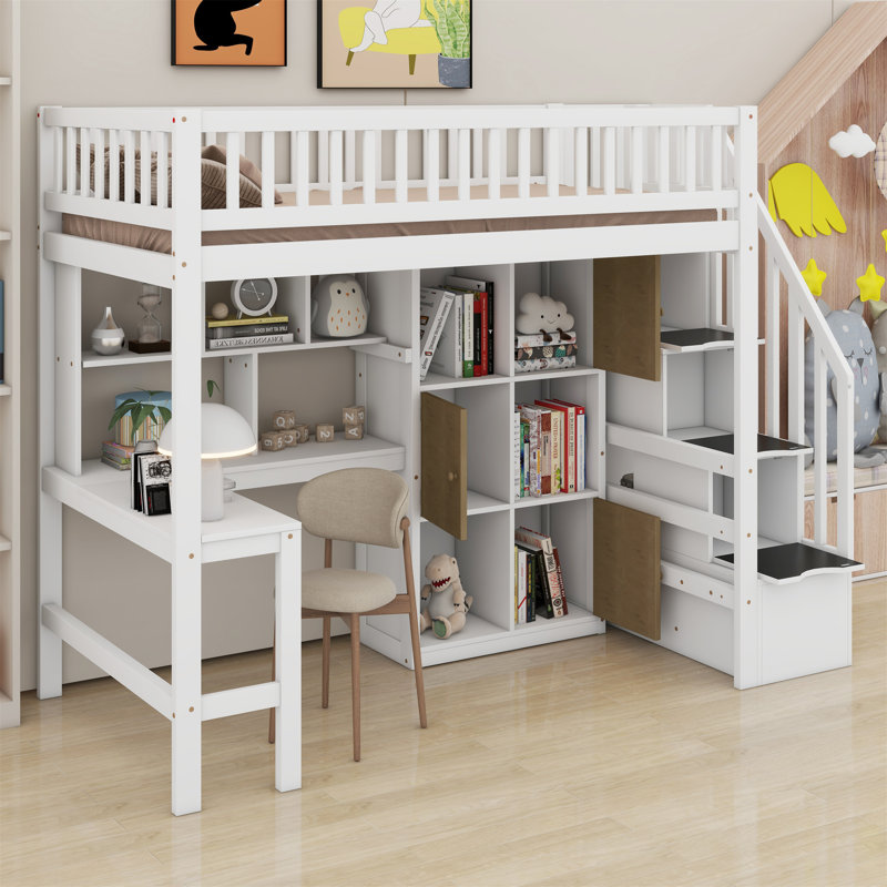 Wood Loft Bed With Built-In Desk, LED, Storage Shelves, Cabinets And Staircase, White