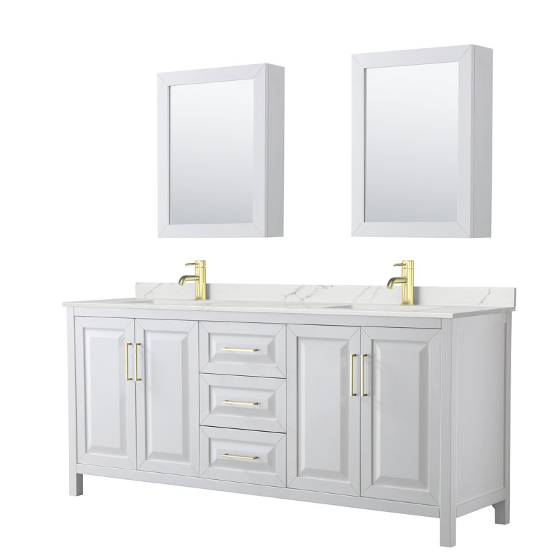 Daria 80 in. with Mirror Vanity, White Quartz, White, Brushed Gold