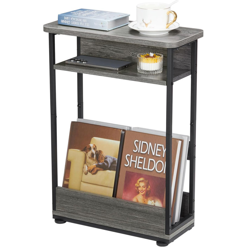 Narrow Side Table,3-Tier Slim End Table With Storage Shelf,Modern Sofa Table Thin Side Table For Narrow And Small Spaces, Skinny Bedside Table Small Nightstand With Magazine Rack Space Saving/Grey