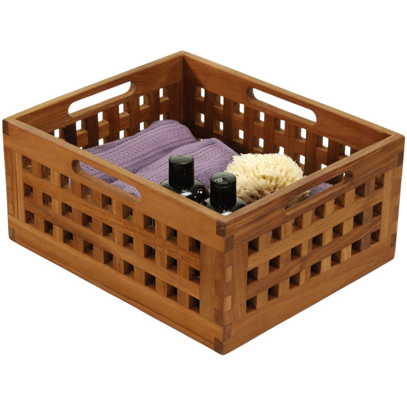 7" Grate™ Teak Storage Solid Wood Bin, Dark Brown, 7" H x 13" W x 16" D