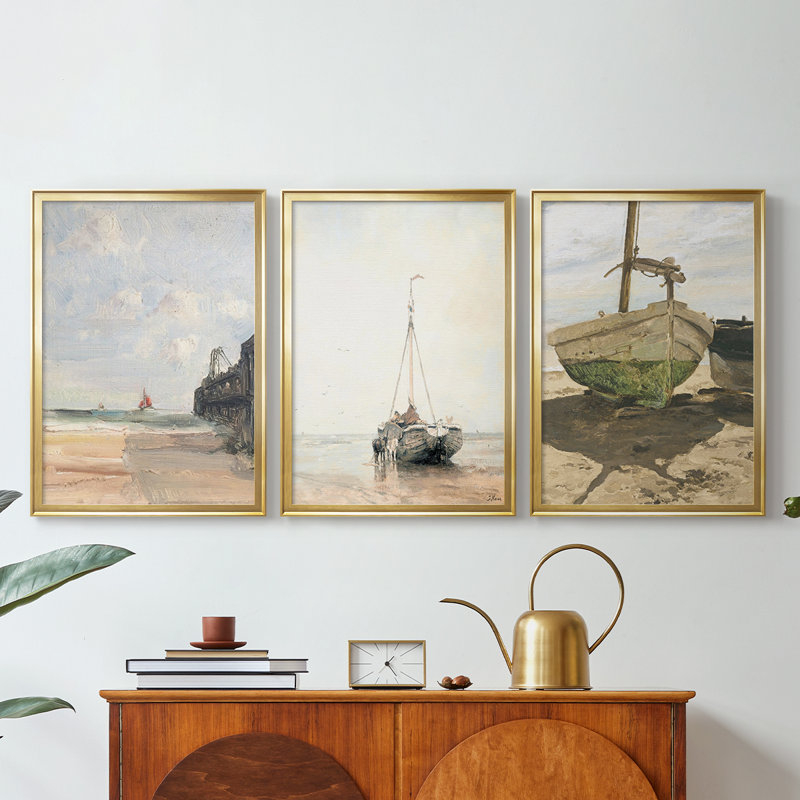 "Vintage Nautical Print", impression sur toile encadrée sur toile - 3 pièces, H 15 po x l 19 po, Doré