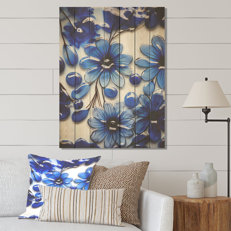 Fleur bleue mosaïque botanique I - Botaniques sur bois, H 20 po x l 10 po
