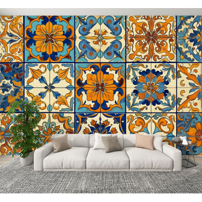 Papier peint auto-adhésif à motifs muraux auto-adhésifs décoratifs à motif floral méditerranéen bleu orange et orange H 100 po x l 144 po