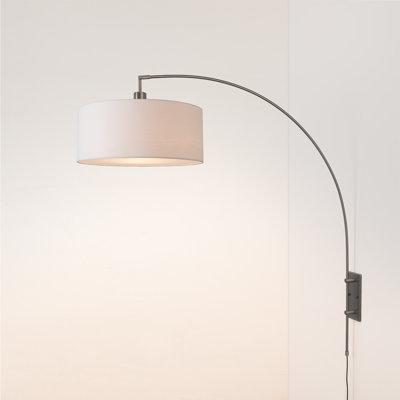 Span Wall Mounted Arc Lamp - Modern Black Nickel Steel Body, White Fabric Drum Shade, Dimmable, Floor Foot Slide Dimmer, Ideal for Living Rooms, Bedrooms, Home Offices, Contract-Grade Quality