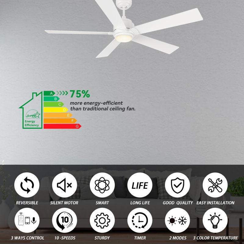 Smart Ceiling Fan With Remote, Light Kit, Works With Google Assistant And Amazon Alexa,Siri Shortcut., White, 56"
