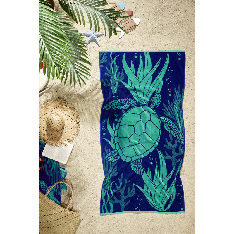 Ozdilek 34x64 Beach Towel - 100% Turkish Cotton, Luxury Soft Velour, Quick Dry, Absorbent, Fade-Resistant, Oversized Pool & Spa Towel, Sea Turtle Design, Eco-Friendly (Sea Turtle Haven)