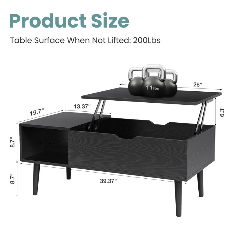 Lift Top Rectangular Coffee Table, 4-in-1 Multi-Function and Large Coffee Table with Storage, Black
