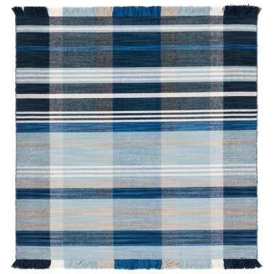 Anjail Flat Weave Wool/Cotton Plaid Rug in Black/Blue