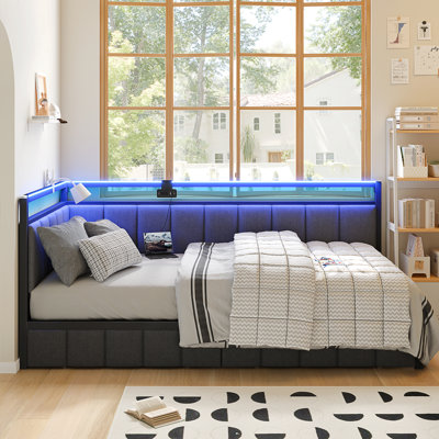 Corner Bed Frame with LED Lights and Charging Station, Cord Cloth Upholstered Bed with 2 Underbed Storage Drawers, Modern Sofa Bed, No Box Spring/No Noise
