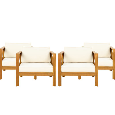 Fauteuil club d'extérieur beige en bois à 4 coussins, fini, tissu aqueux, pour les jardins et les patios en bois, intempéries, espaces compacts