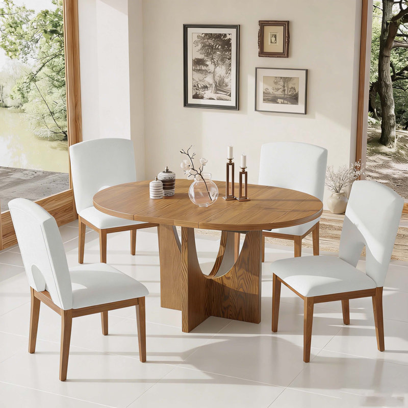 Modern 5-Piece Extendable Round Dining Table Set with 16.2inch Removable Leaf for Small Places, Beige/Walnut