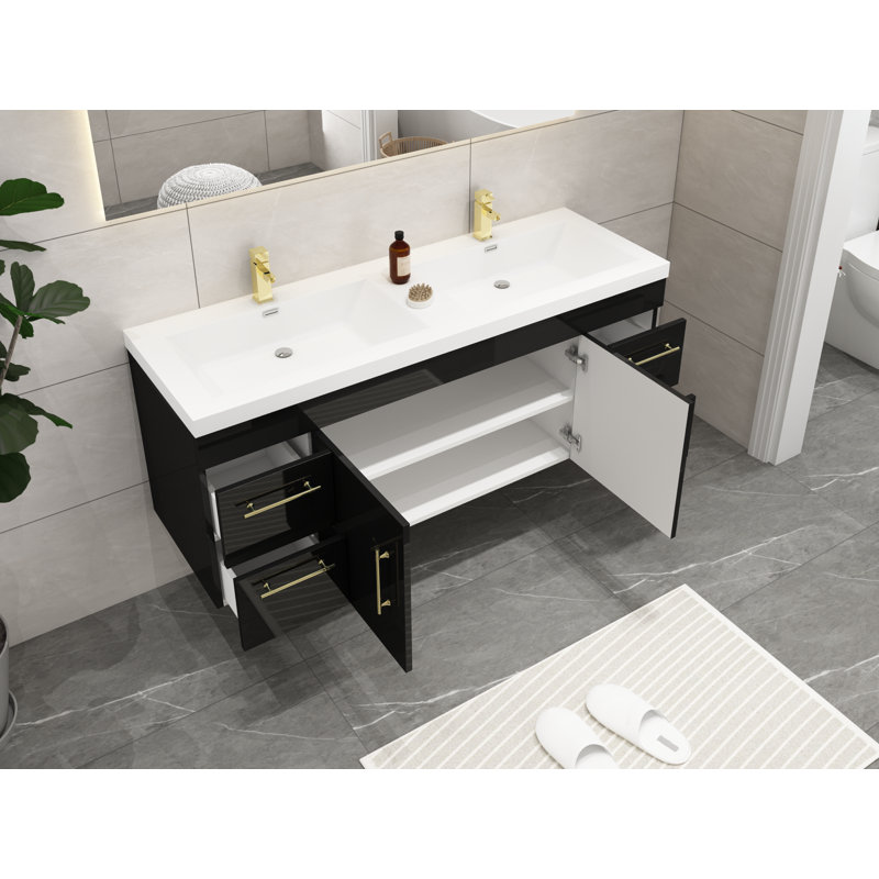 Meuble-lavabo mural double 59 po Romer, Noir, Or