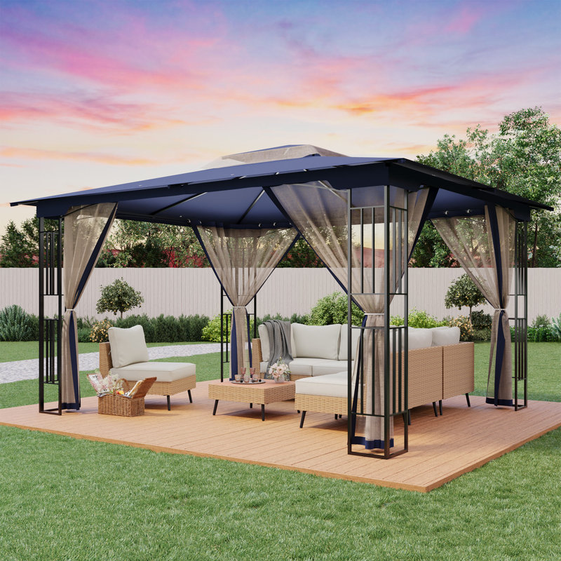 13'x11' Double-Roof Patio Gazebo with Mosquito Netting,Heavy Duty Gazebos Shelter Party Tent, Navy Blue