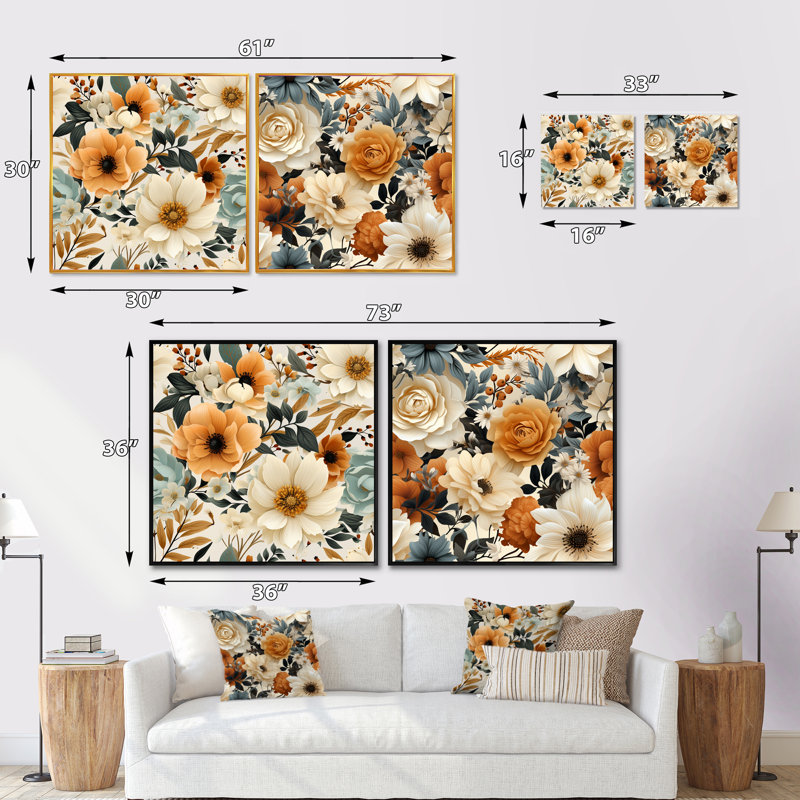 Vannie - Ensemble de 2 collages carrés floraux, H 16 po x l 33 po, Cadre flottant blanc