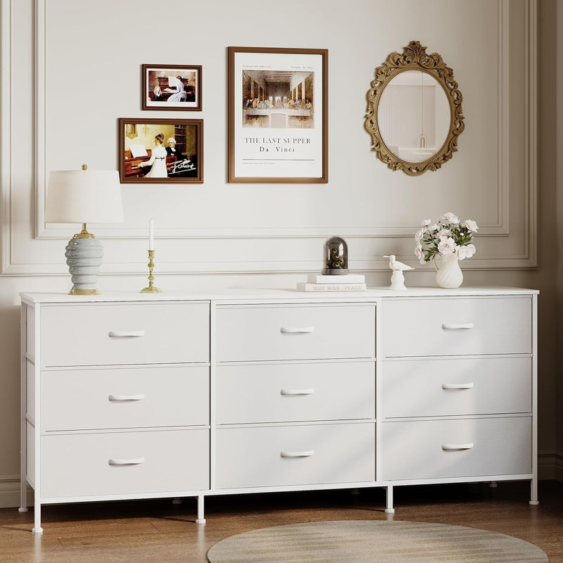 Meuble télé 63 po avec 9 tiroirs en tissu, plateau en bois et console média en métal, profondeur de 27 po, Blanc
