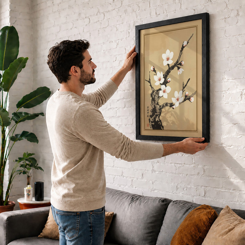 Blossoms on Branch Japandi - Framed Print, A4 - 29.7 x 21.0 cm, White